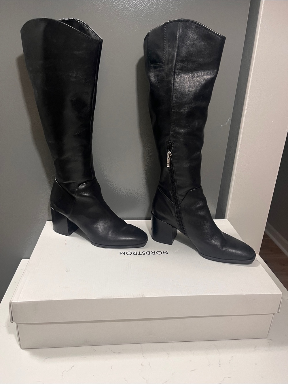 Nordstrom Black Leather Knee High Block Heel Boots